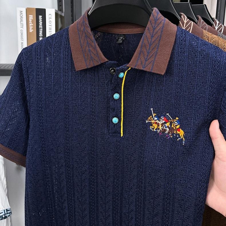 New Short-sleeved T-shirt Men's Autumn Knitted Sweater Embroidered Pattern Matching Jacquard Top