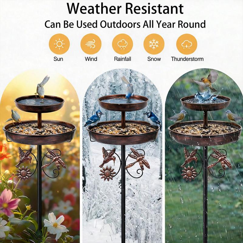 1Pc Vintage 2-Tier Iron Bird Bath & Feeder Combo – Rust-Proof 5-Claw Ground Stake, All-Weather Outdoor Garden Decor for Hummingbirds & Sparrows