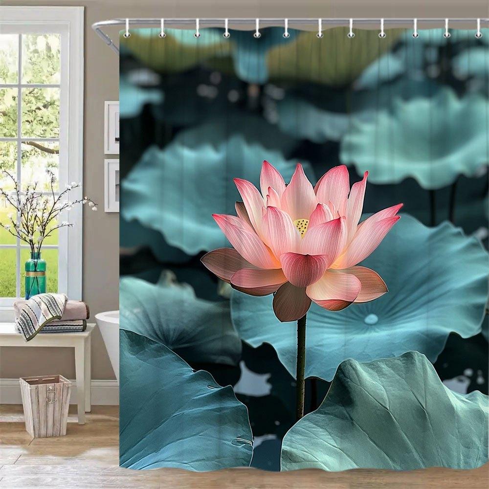 1Pc For Lotus Bloom Bath Curtain - Elegant Water Garden Design With Pink Flowers & Blue-Green Leaves, Serene Botanical Decor, Du