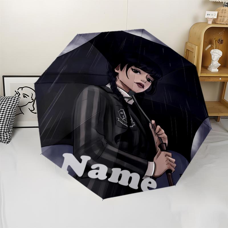Custom Name Wednesday Theme Automatic Umbrella, Lightweight & Portable, 8 Rib, Perfect for Outdoor Travel, Birthdays, Christmas, Gifts.