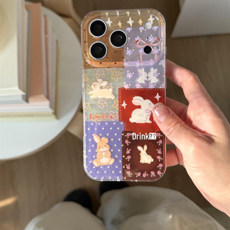 

Korean Patchwork Plaid & Floral Rabbit Phone Case for iPhone 17/16 Pro Max/15/14 - High-End Style iPhone 15