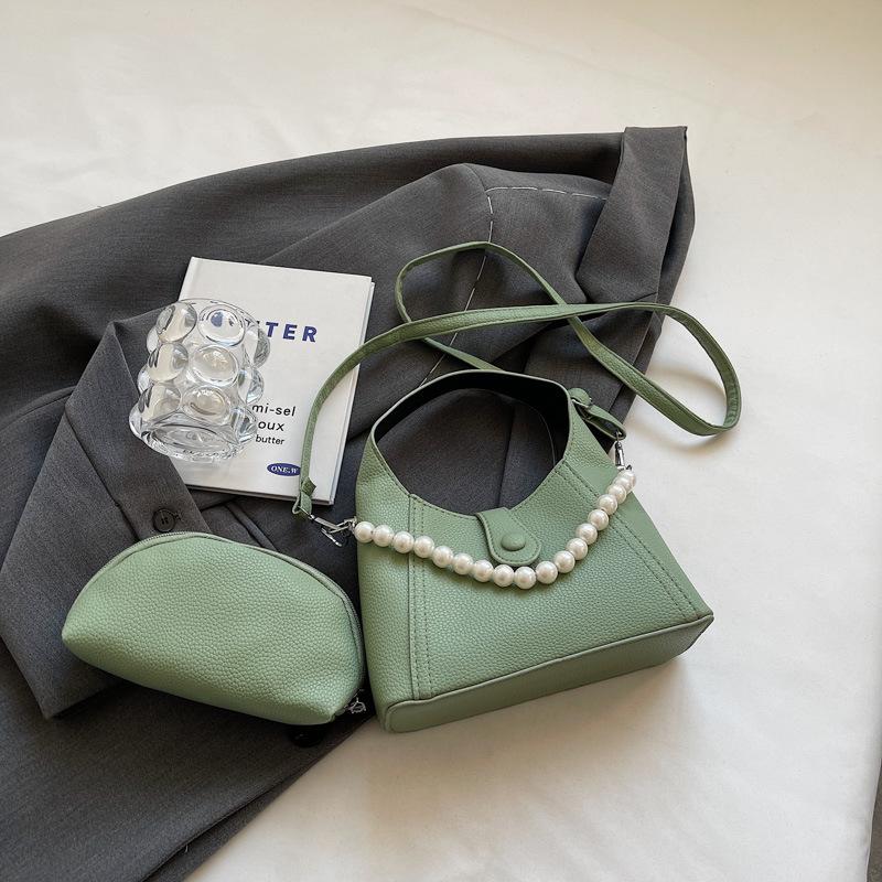 Fashion Simple Solid Color Pearl Chain Women Handbag  Summer Commuting Textured Female Underarm Bag Korean Crossbody Bags