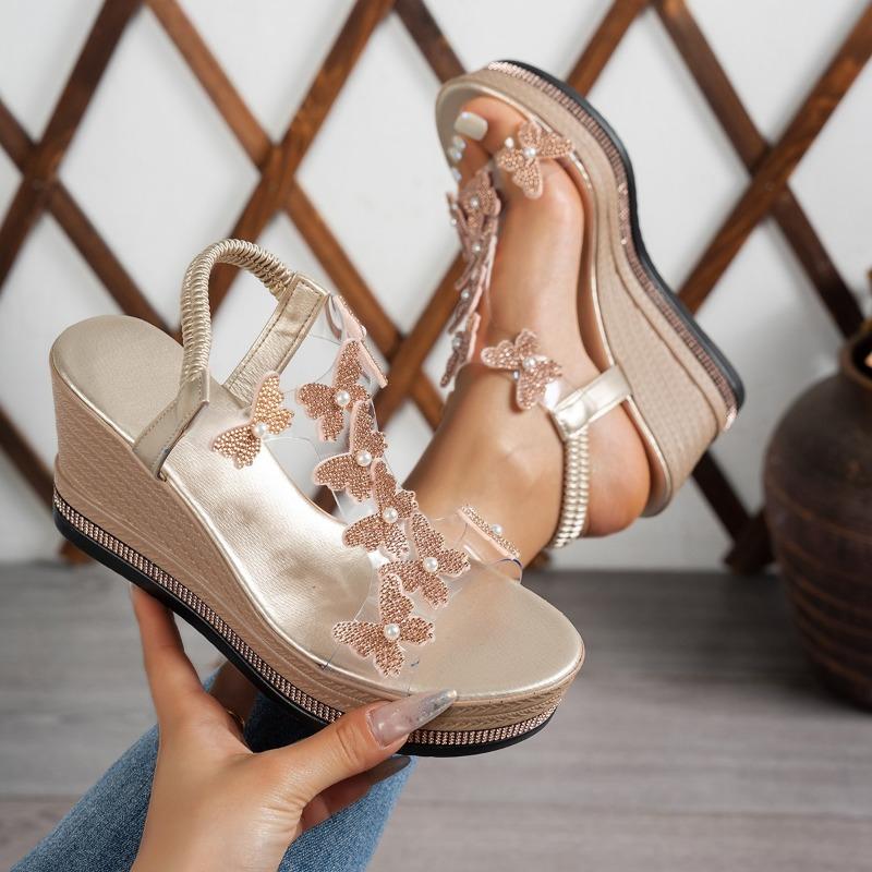 Summer new large size women's wedge heel sandals bow decorative foot cover rhinestone sole high heel sandals