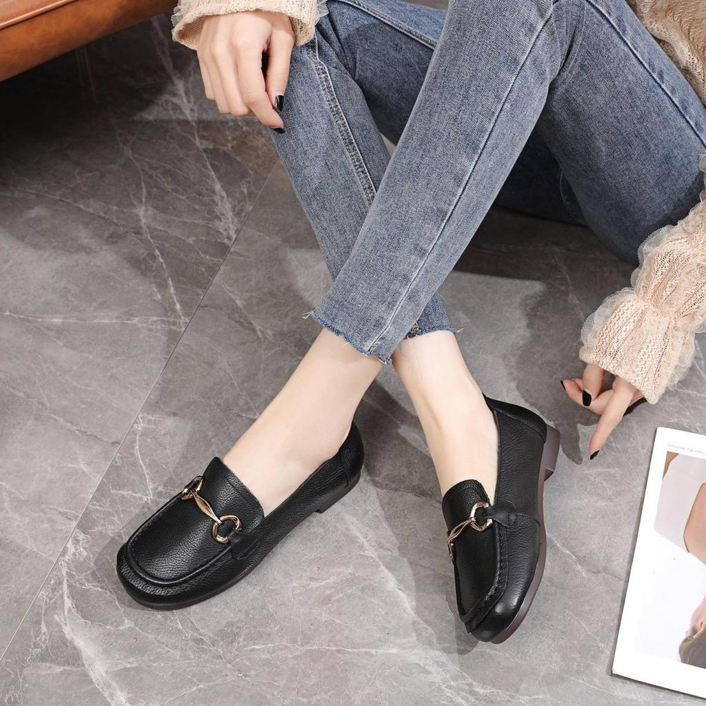 Leather Flat-soled Single Shoes Spring and Autumn New Versatile Beef Tendon Soft-soled Soft Leather Shallow-mouth Ladyshoes