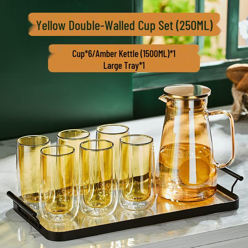 Shangqi Double-Wall Borosilicate Glass Kettle & 6 Cups Set with Tray