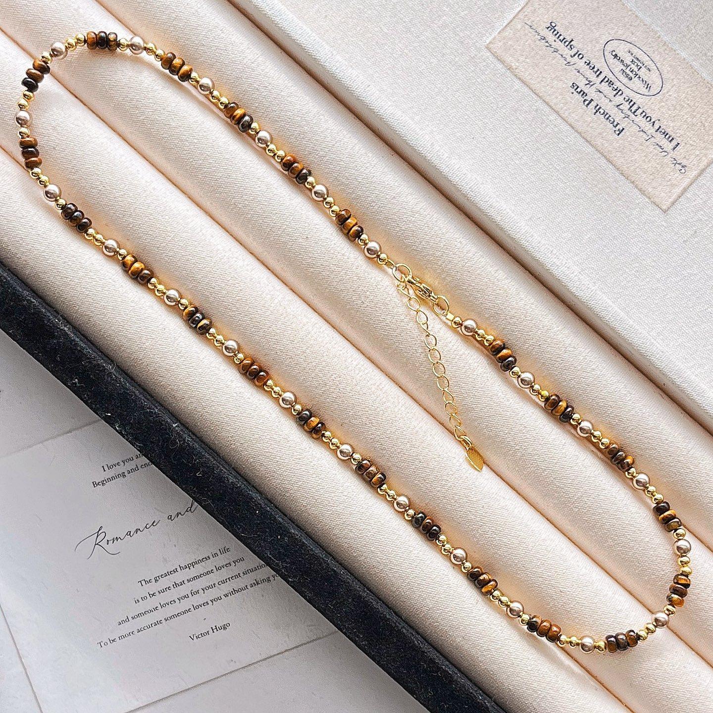 

Vintage Boutique Natural Tiger S Eye Stone Artificial Crystal Pearl Design Sense Sweater Chain Necklace Collarbone Chain Women