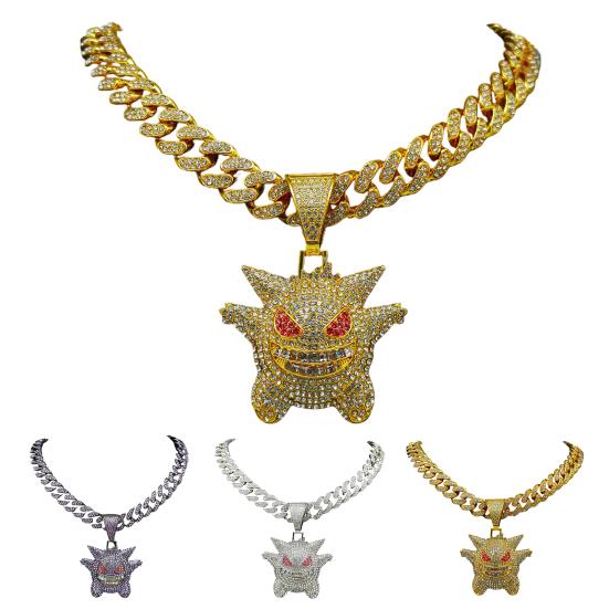 Colgante de dibujos animados, collar cubano con incrustaciones de diamantes de imitación brillantes, aleación de Color púrpura dorado plateado, collar para hombres y mujeres, accesorios de moda, regalo