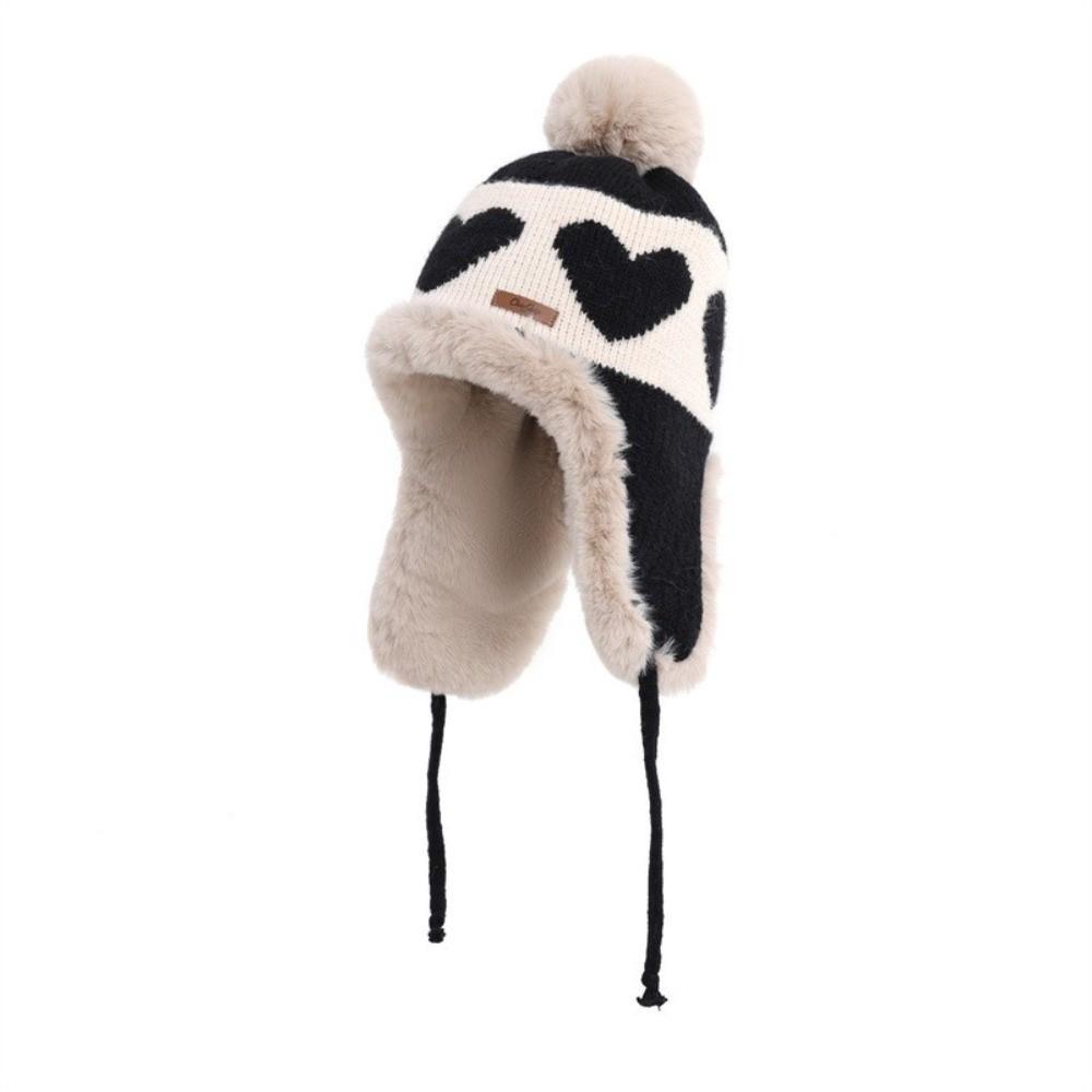 Polyester Trapper Hat Pom Pom Thick Warm Lining Winter Hat Heart Pattern Ear Flap Hat For Women