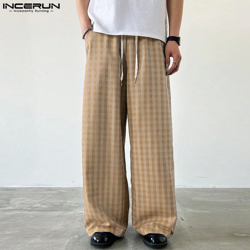 

INCERUN Men Drawstring Elastic Waist Plaid Casual Long Straight Pants Trousers S синій