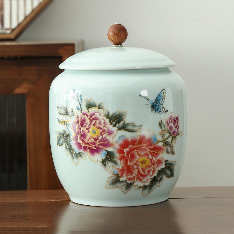 Chinese style retro ceramic blue and white tea jar, home decoration flower tea sealed storage without cross flavor