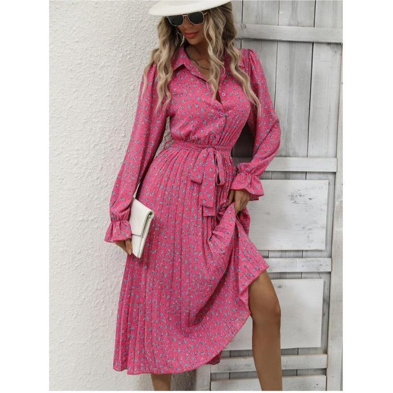 Spring and Autumn Women's Dress Fashion Tie Pleated Long Sleeve Swing Dress