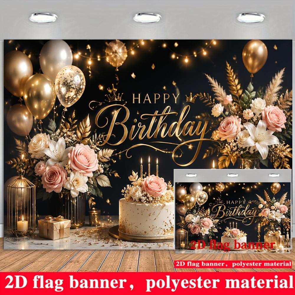 Black Gold Happy Birthday Backdrop Balloons Roses Cake Gift Boxes Polyester