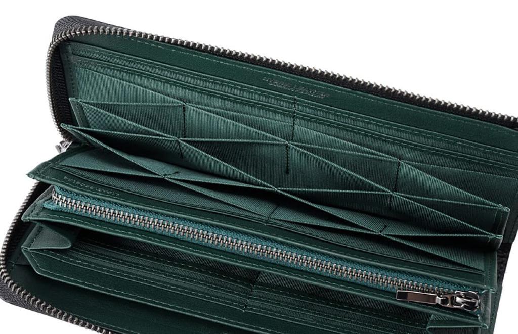 Neu Interesse Schatten 2.0 Honeycell Long Wallet, Carbon Leather, L-Shaped Zipper, Large Capacity, Card Holder, Father's Day Gift, Black x Green,