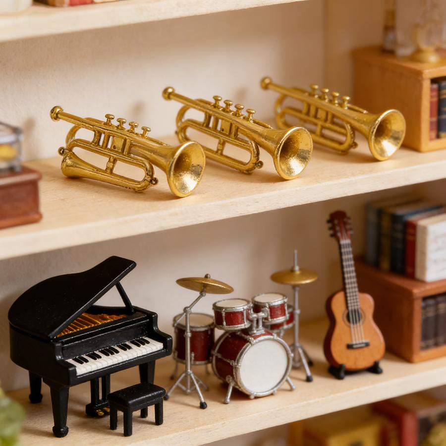 10pcs 4.4cm Plastic Mini Golden Double-tube Horn Ornament Dollhouse Miniature Desktop Decoration Miniature Scene Accessory