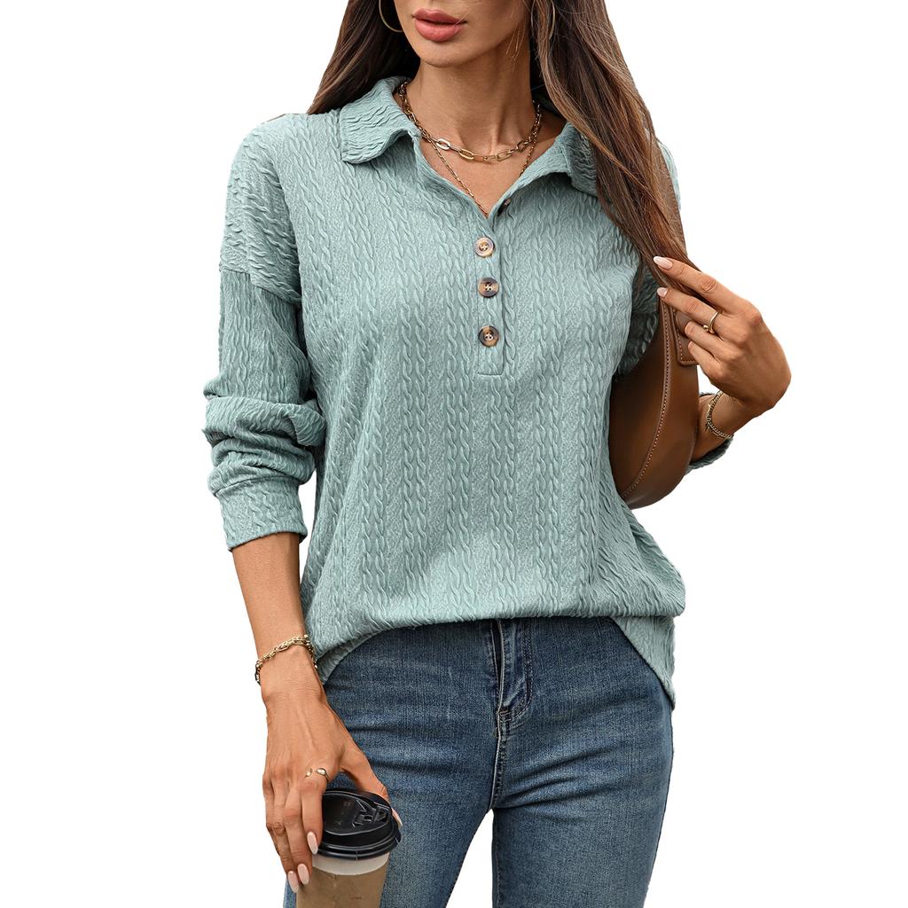 A New Solid-color Lapel Button Loose Long-sleeved Sweatshirt for Women In Autumn and Winter