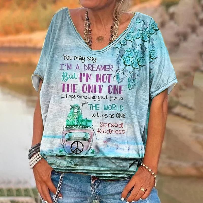 

Ретро принт букв V-образный вырез женская футболка с коротким рукавом повседневная одежда для выходных женская одежда оверсайз летняя футболка топ 5XL