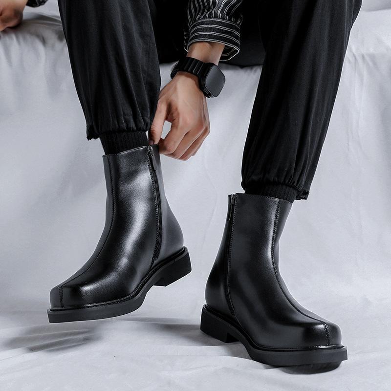 British Style Mens Fashion Chelsea Boots  Designer Square Toe Shoes Cowboy Original Leather Boot Handsome Ankle Botas Mans