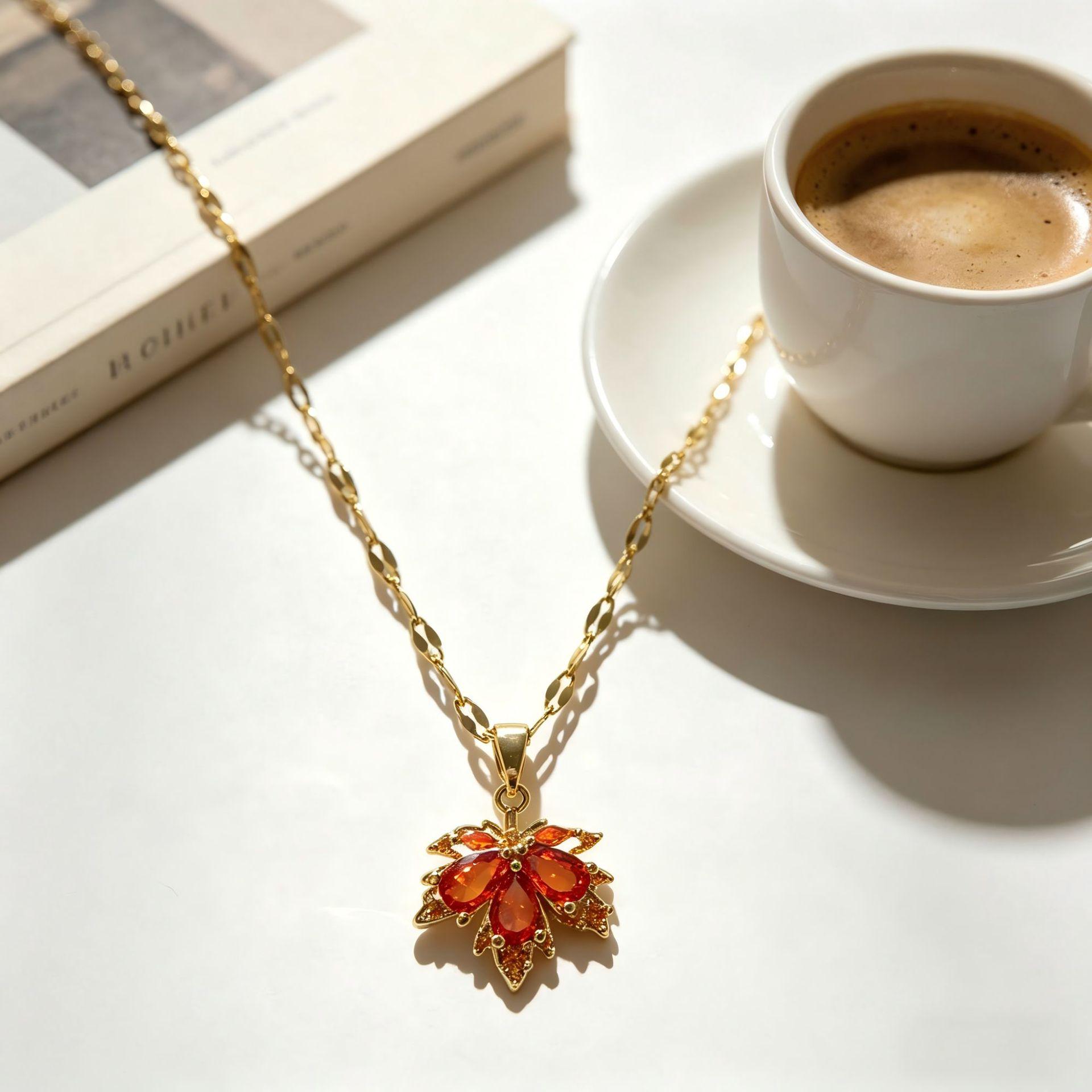 Korean Light Luxury Red Maple Leaf Cubic Zirconia Pendant Clavicle Chain for Women