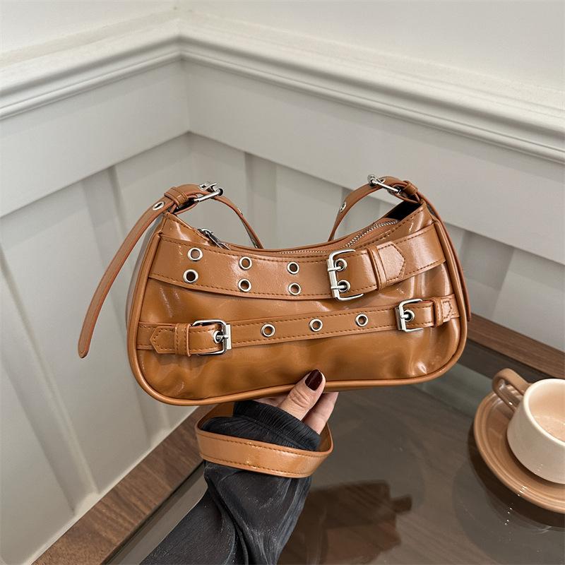 Y2k Retro Rivet Simple Women Shoulder Bag Solid Color Commuter Cool Hot Girls Pu Handbags Casual Ladies Underarm Crossbody Bags