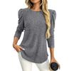 Women Solid Crew Neck Puff Sleeve Long Sleeve Brushed Striped T Shirt Top