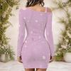 Women Plus Size One Shoulder Chain Strap Long Sleeve Black Blue Printed Bodycon Mini Dress