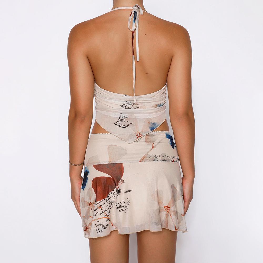 Womens Sexy Mesh Print Halter Neck Crop Top And Short Skirt 2 Piece Set Stylish Summer Outfit With Short Skirt For Casual Wear And Beach Parties