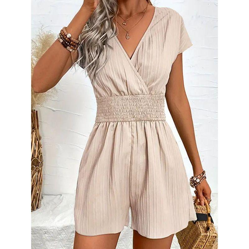 V-neck Casual Waist Cinched Jumpsuit V-neck Casual Loose Waist-Tight One-Piece Shorts