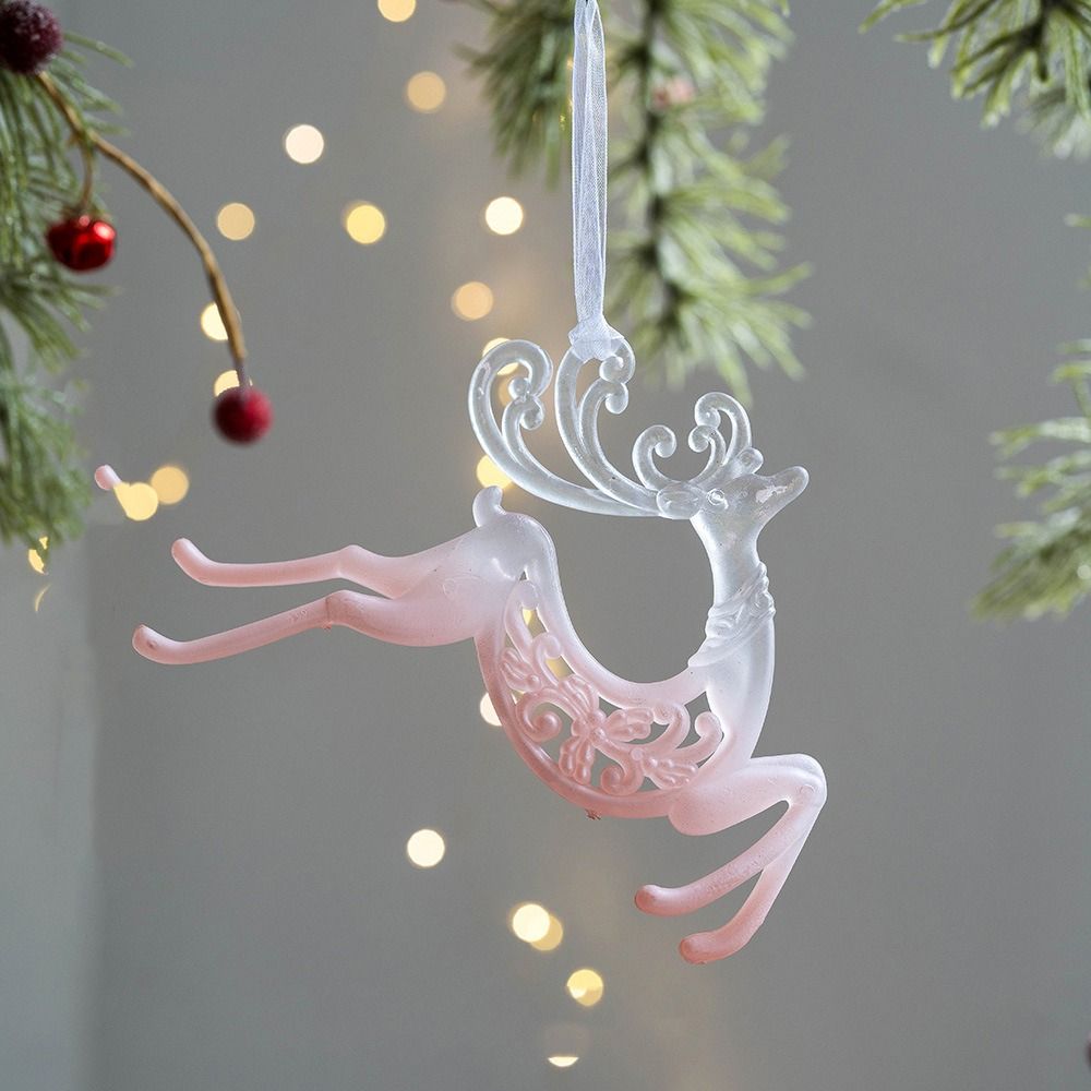 2pcs Pink Transparent Christmas Snowfall Deer Pendant Cartoon Plastic Xmas Tree Hanging Ornaments Crown Girl Key Elegant