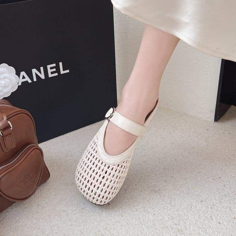 Women's 2025 Summer Mary Jane Mules: French Style Woven Fishnet Closed-Toe Slippers with Soft Sole and Flat Heel