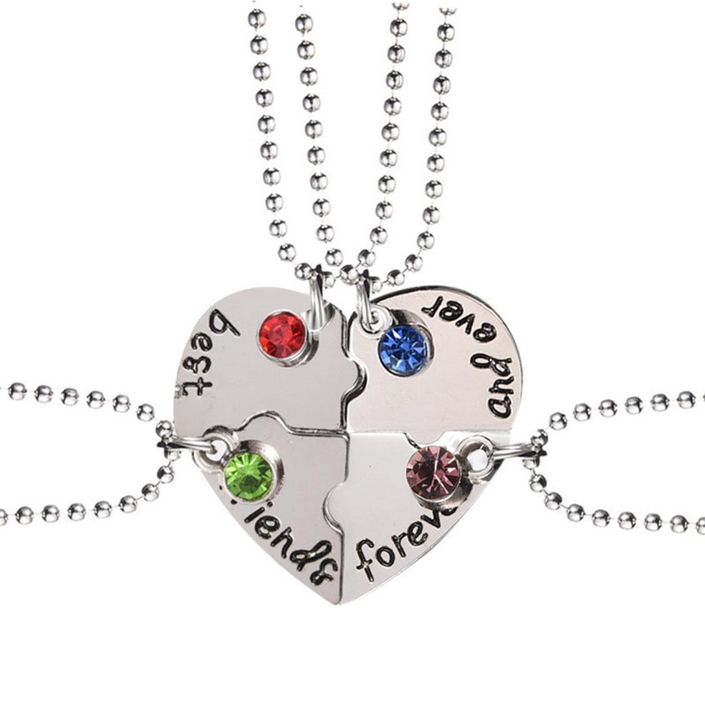 4 Pcs And Necklace Engraved Puzzle Friendship 4 Pendant Necklace Set, Alloy & Rhinestones