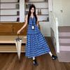 Blue Plaid Loose Suspender Dress Women's Summer New Sweet and Thin Big Swing Dress Medium and Long Skirt