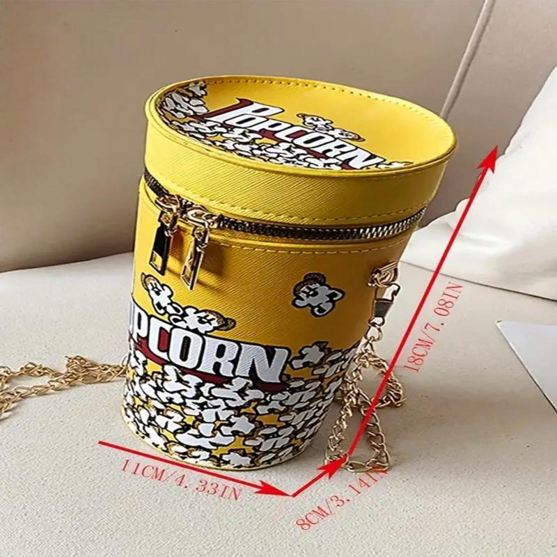 Popcorn Design Bucket Bag, Chain Crossbody Bag, Creative Cylinder Purse For Women, PU Leather Textured Bag Purse, Fancy Fashion Shoulder Bag