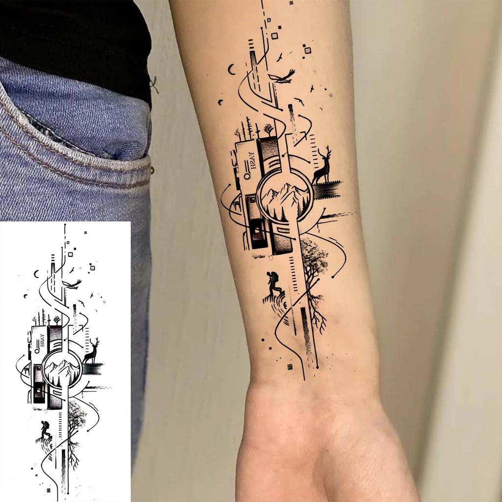 1 Sheet Geometric Planet Mountains Temporary Tattoos For Women Men Forearm Foot, Waterproof Long Lasting Realistic Tatoo Sticker