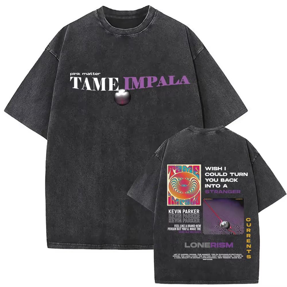 Tame Impala Tour Album Vintage Washed Tshirt Mens Hip Hop Gothic Tshirts Casual Oversized Short Sleeve T Shirt Streetwear