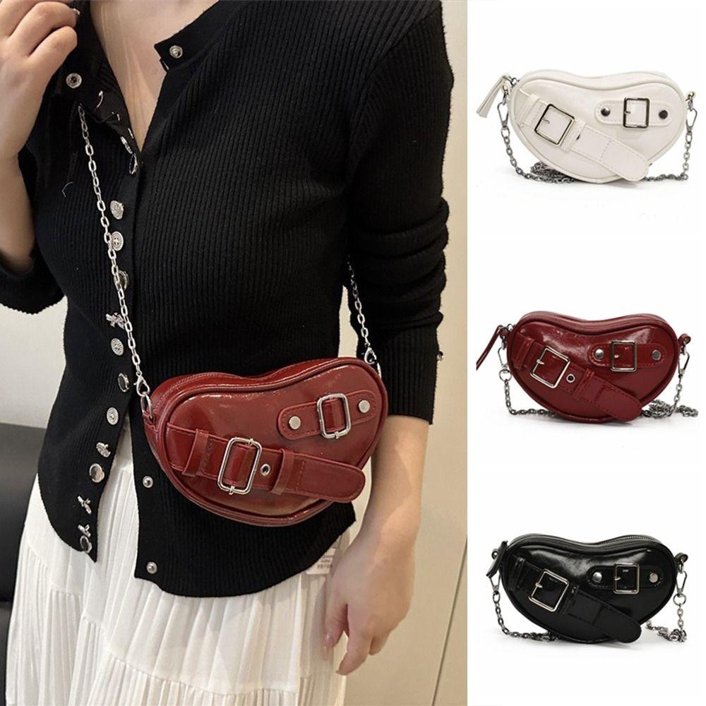

Buckle Heart Shoulder Bag Designer PU Leather Bag Trendy Heart Cross Bag for Women червоний