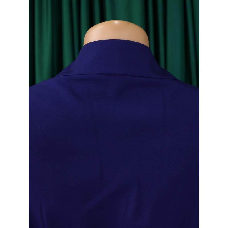 Plus Size Women Solid Color High Waist V Neck 3 4 Sleeve Pleated Midi Dress