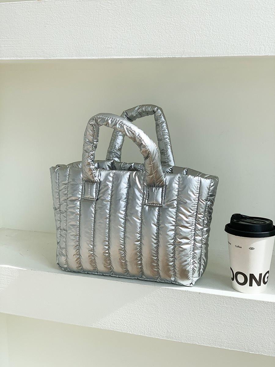 Spacious Womens Soft Tote Bag In Fashionable Striped Nylon For Urban Chic Style серебряный