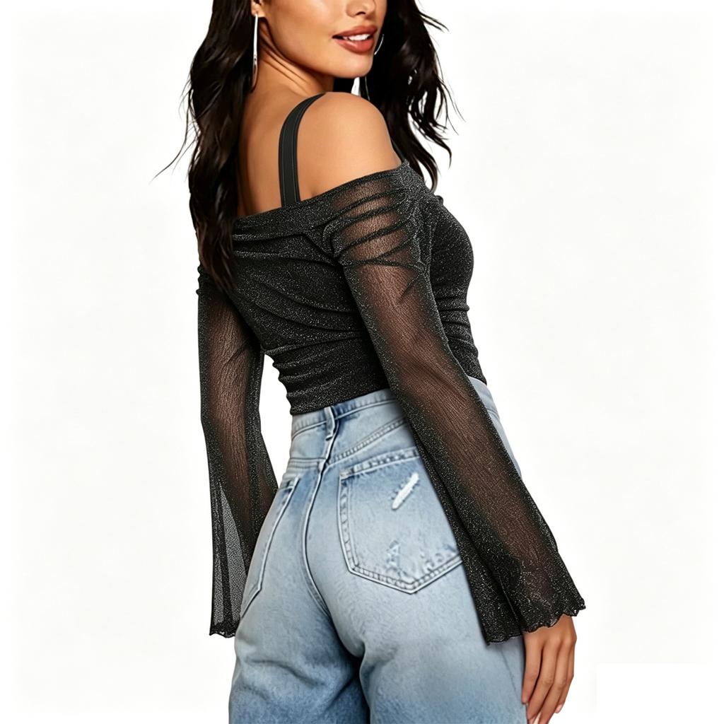 Women’s Ruched Mesh Long Sleeve Short Top Asymmetrical Neckline Fitted Blouse with Sheer Flared Sleeves for Daily Wear