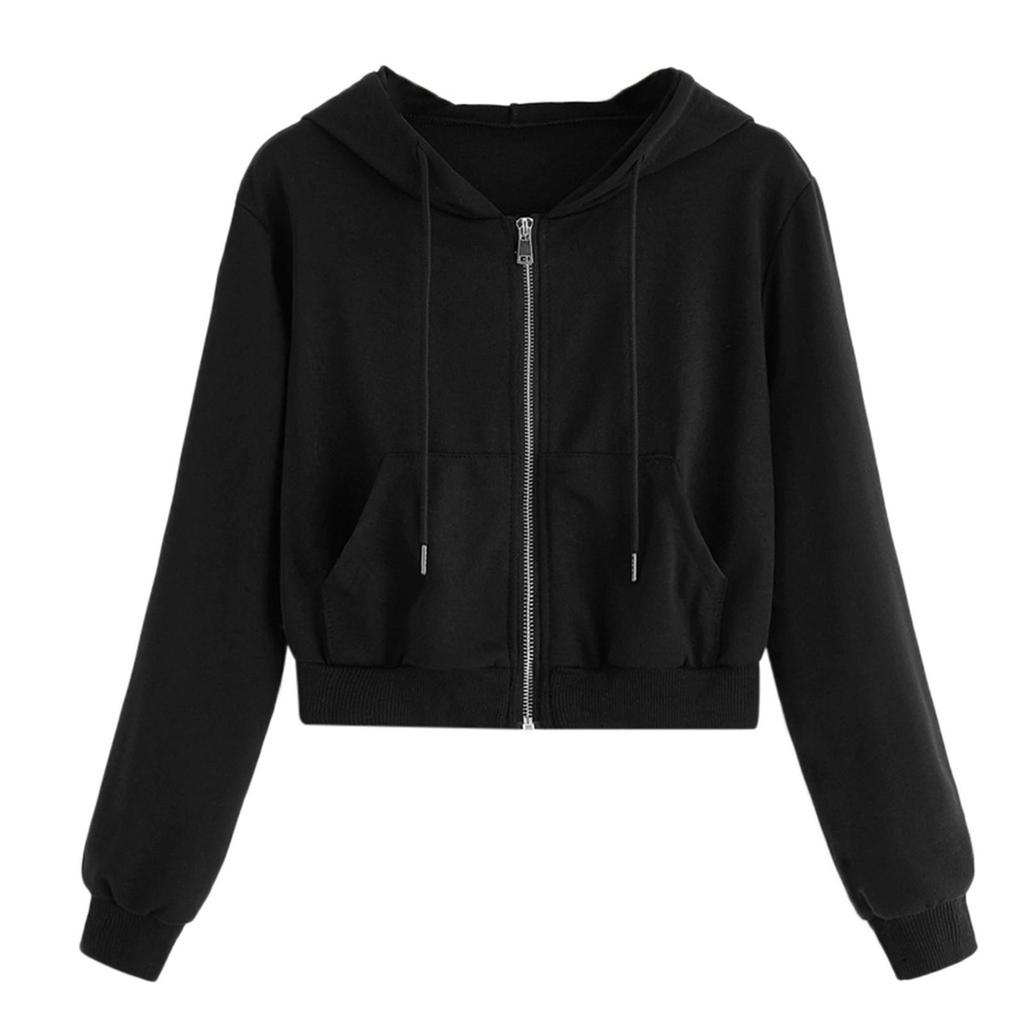 Women's Casual Solid Colour Zip Pocket Top Drawstring Hooded Sweatshirt