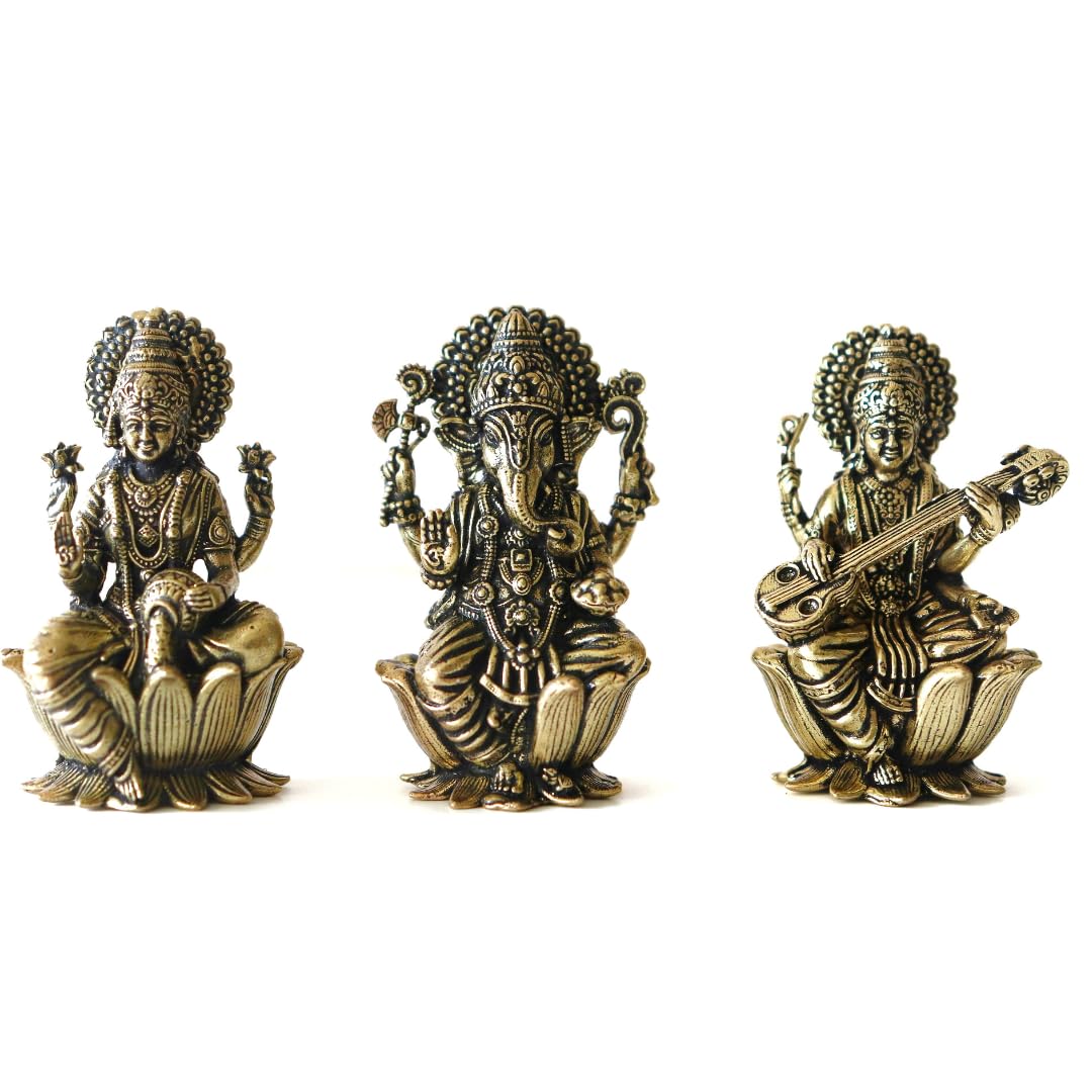 Pure Brass Lakshmi Devi & Ganpati, Saraswati Idol, Gold, Small Size - 2 Inch