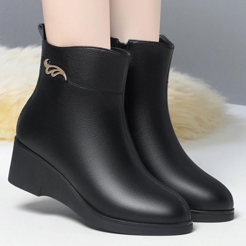 Wedge heel short boots women's, autumn and winter soft leather boots comfortable Martin boots velvet leather shoes medium heel women's boots