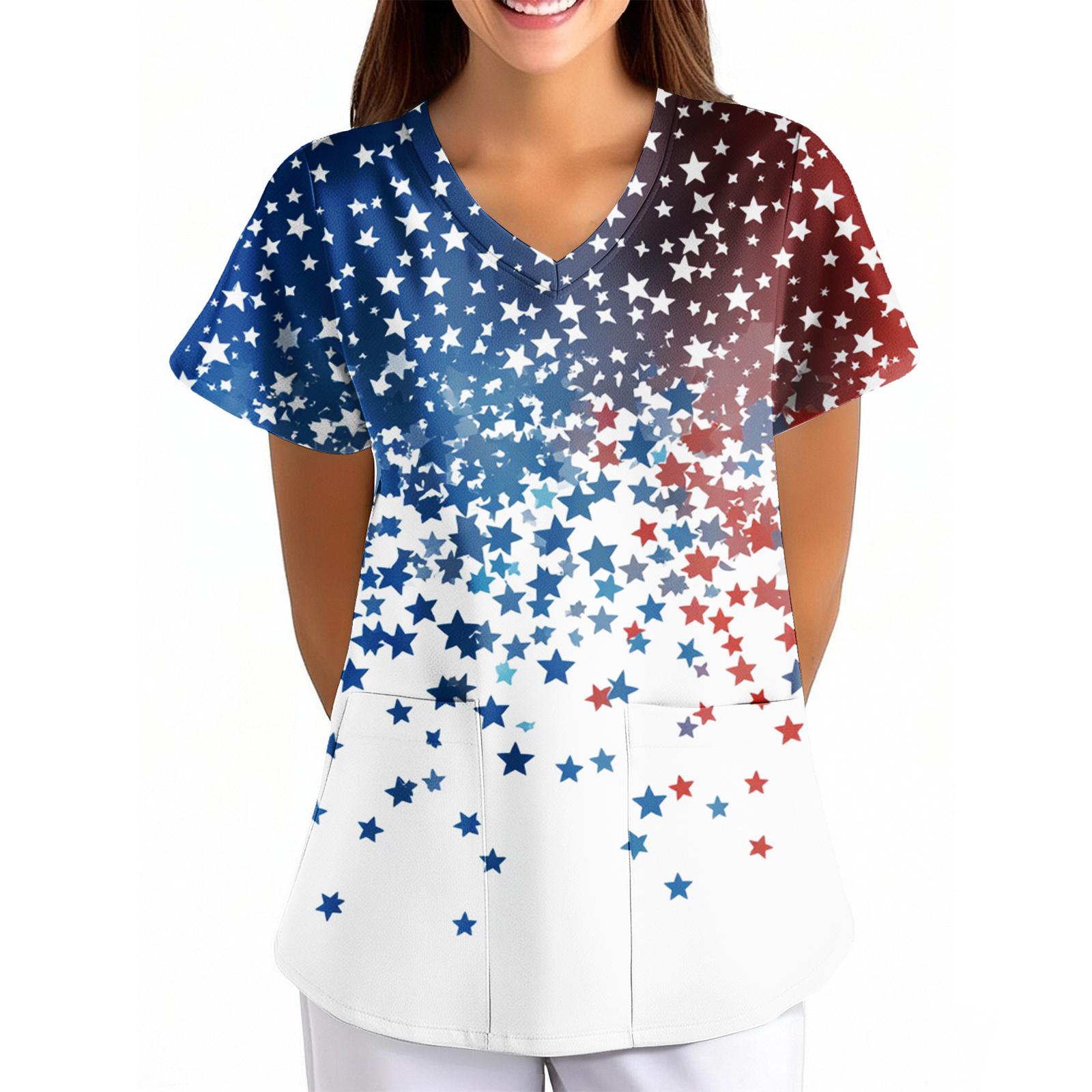 Women s Independence Day Printed Loose V-Neck Pocket Short-Sleeved  Clothing L