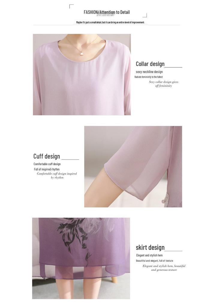 2026 Summer Chiffon Dress for Middle-Aged & Elderly Women - Mid-Length, Plus-Size, Belly-Concealing