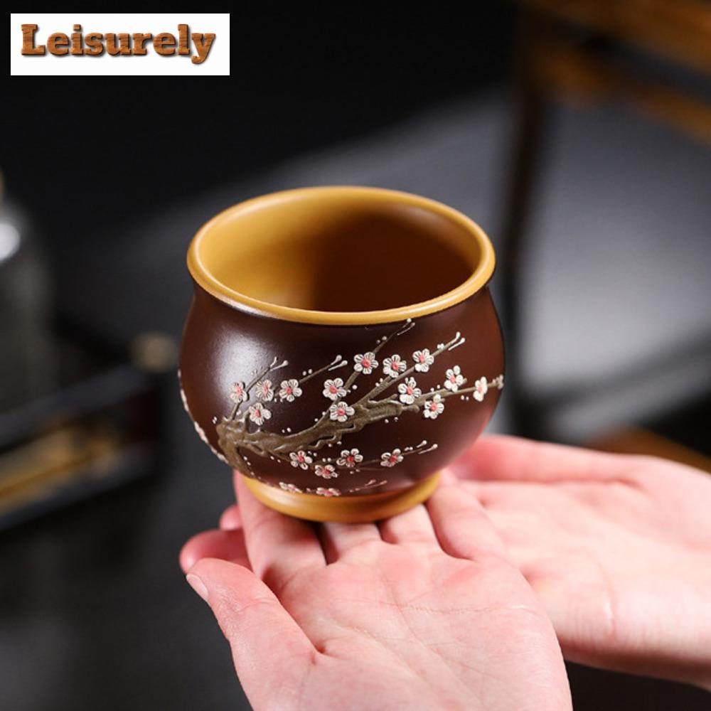 180ml Handmade Yixing Purple Clay Teacup Painted Plum Blossom Master Cup Personal Engraved Section Clay Tea Cup Zisha Teaware