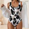 Women Plus Size Pink Yellow Blue Printed Scoop Neck Wide Straps High Cut One Piece Swimsuit