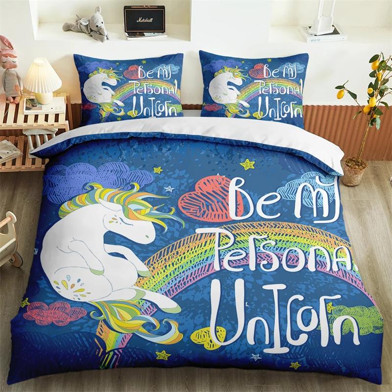Kawaii Einhorn Buntes leuchtendes Einhorn-Kinderbettwäscheset für Mädchen Rosa Deluxe Bettbezug Bettwäscheset King Queen Bettbezug