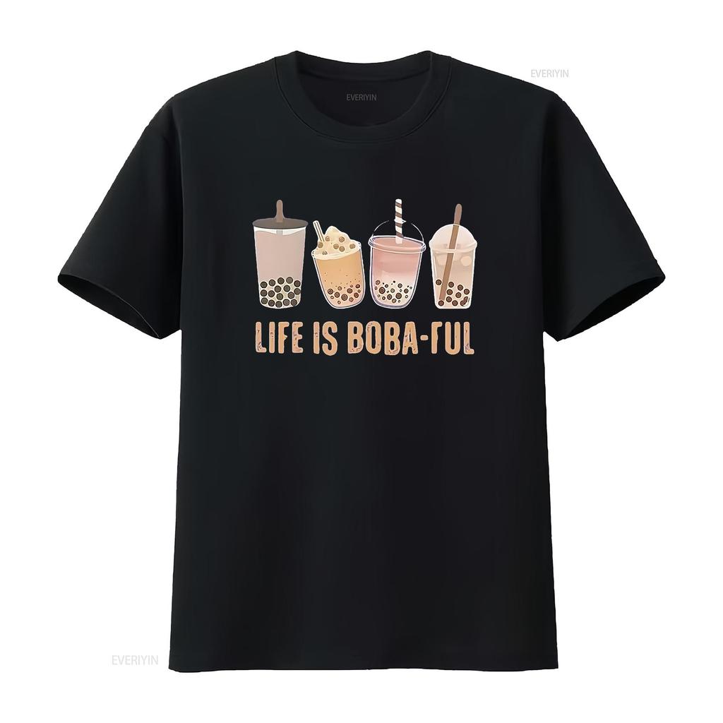 Life Is Boba Ful T Shirt For Women Cute Pearl Milk Tea Pattern Casual Funny Tops Lover GifT vintage Washed Versatile