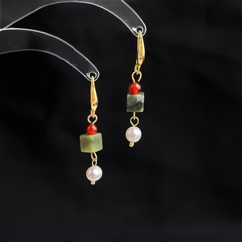 

Геометрические серьги-квадраты в китайском стиле с пресноводным жемчугом - Ретро и высококлассный дизайн для женщин