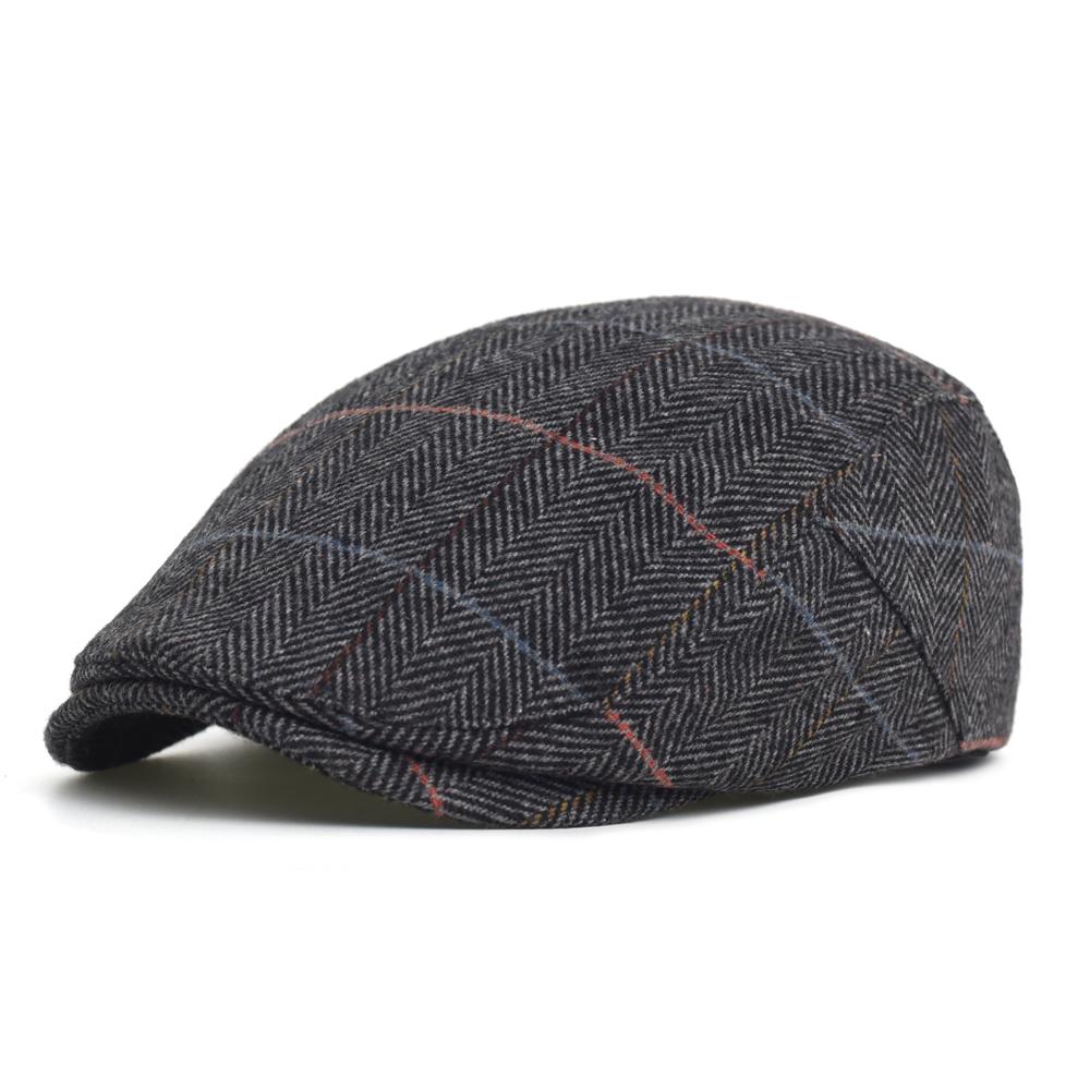 Newsboy Cap Men Winter Thick Warm Vintage Herringbone Casual Stripe Berets Flat Hat Peaked Cap Adjustable