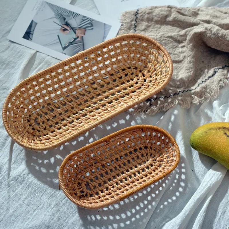 Rattan Woven Tray Convenience Store Handmade Round Basket Food Craft Rattan Tray for Food Fruit Storage Breadbasket Organizer